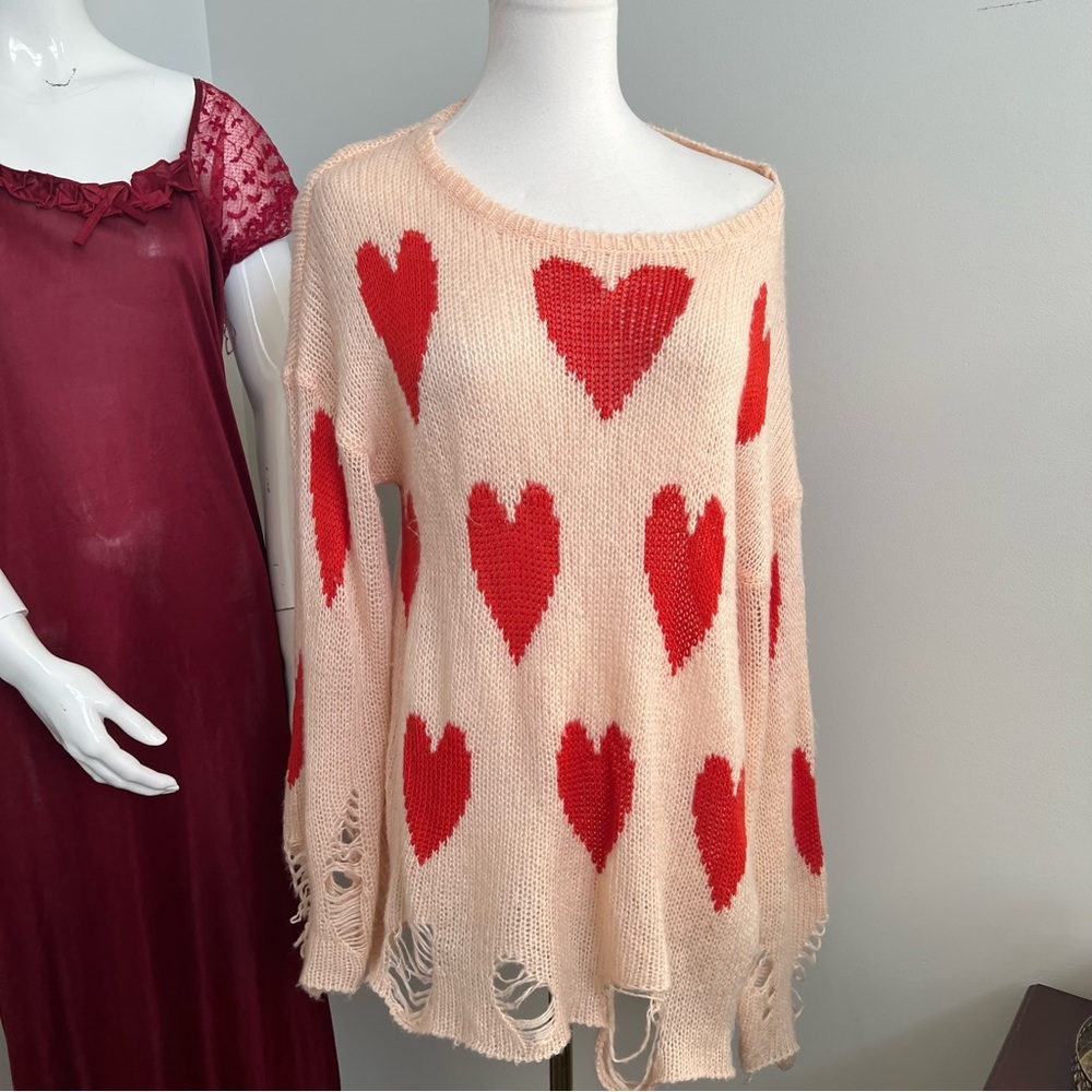 Wildfox Heart Print Distressed Knit Sweater – Oversized Slouchy S - Picture 3 of 7